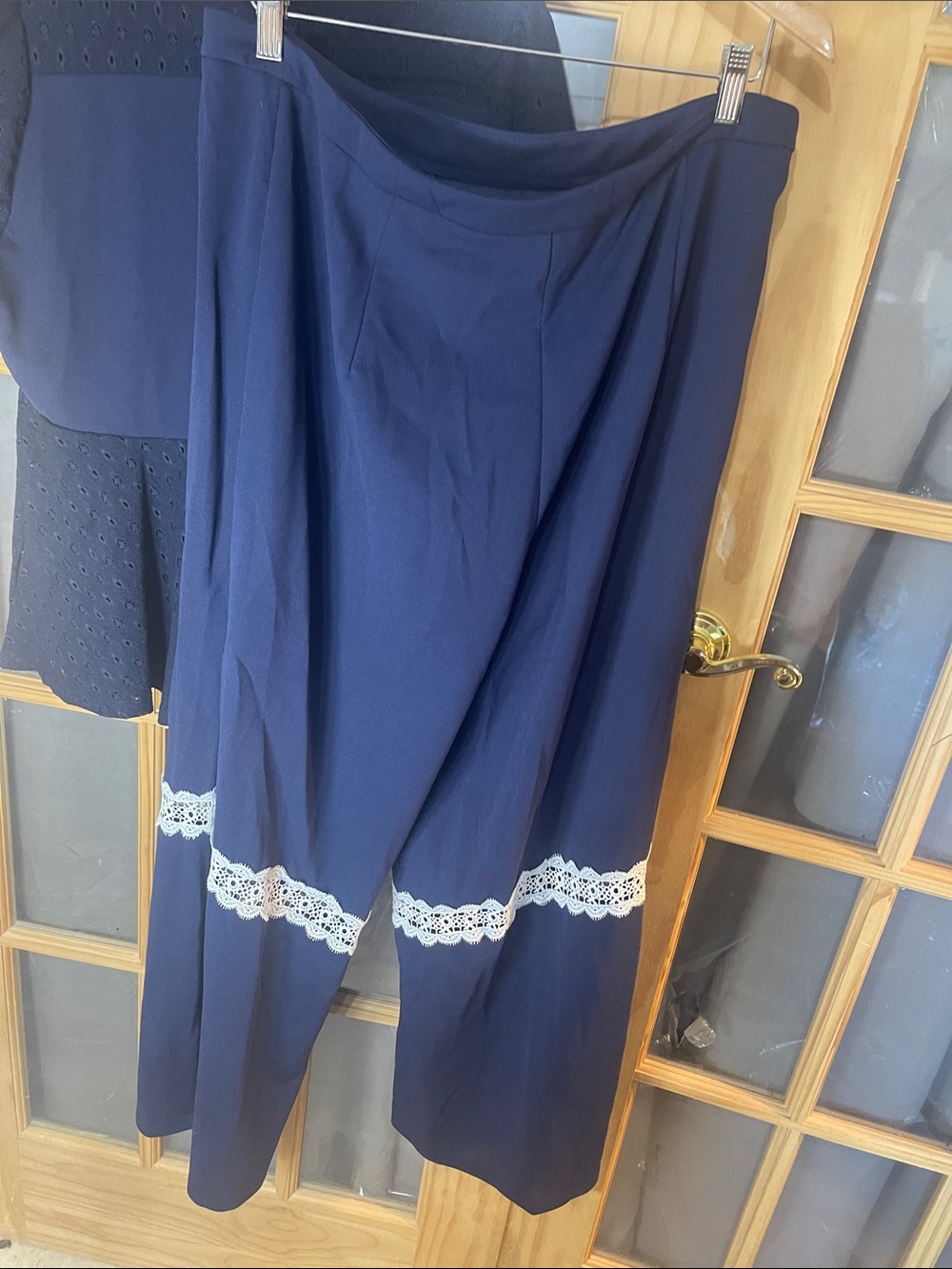 200. Navy Eyelet Short-Sleeve Top & Lace-Trim Wide-Leg Pants Set - Picture 9 of 10